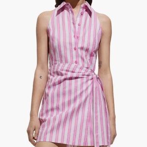 Pink White Linen Wrap Shirt Dress